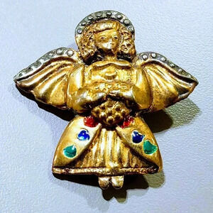 Angel Pin Brooch Enamel Hearts Gold Tone 2 3/4"